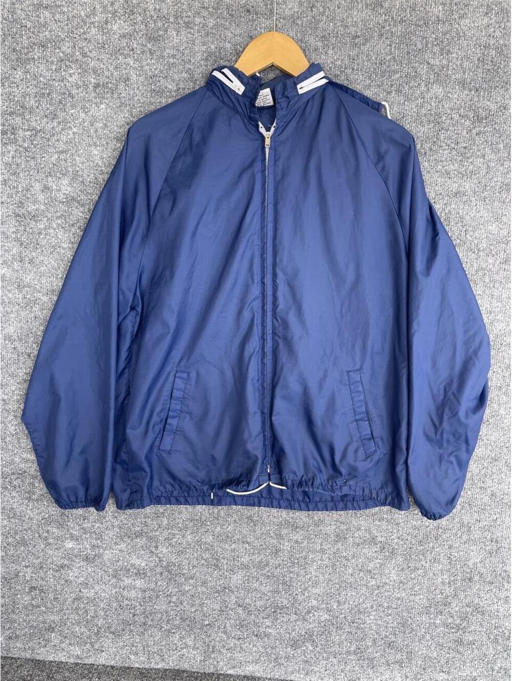 Vintage Sears Men’s L Blue Nylon Windbreaker Jacket Packable Hood Full Zip
